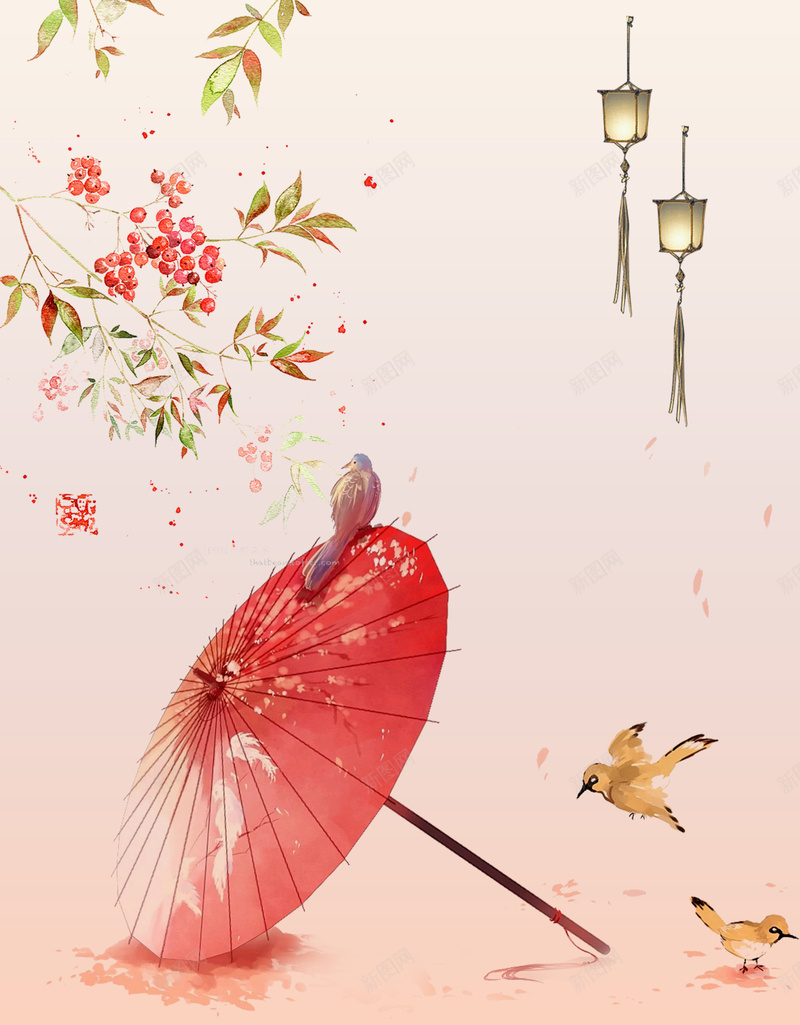 水墨彩绘海报背景psd设计背景_新图网 https://ixintu.com 云烟 古风 宫灯 小鸟 彩绘 手绘 水墨 油纸伞 海报 背景