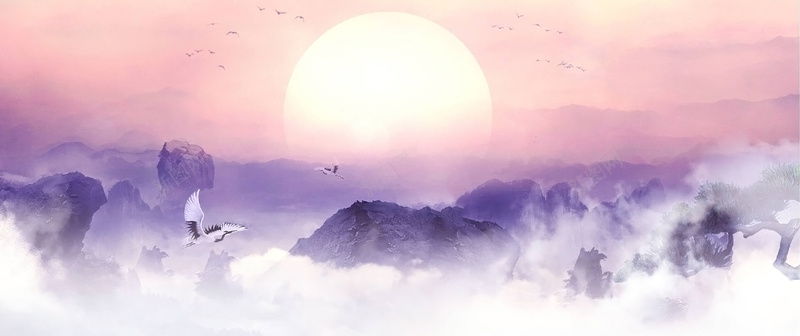 中国风浪漫梦幻橙色网页游戏海报背景jpg设计背景_新图网 https://ixintu.com 中国风 云雾缭绕 圆日 梦幻 橙色 浪漫 游戏 白鹤 网页 群山峻岭