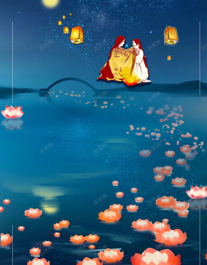 卡通手绘七月半中元节psd设计背景_新图网 https://ixintu.com 中元节 中国万圣节 中国风 传统节日 农历七月半 河灯 祭祀用灯 荷花灯 莲花灯