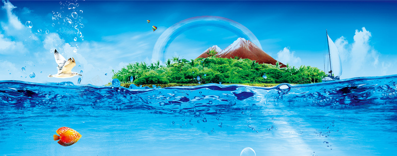 海洋海鲜背景psd设计背景_新图网 https://ixintu.com 小岛 帆船 梦幻 浪漫 海底 海报banner 海面 海鲜广告 海鸥