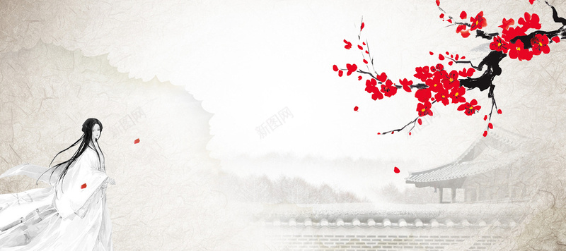 中国风水墨画古韵平面广告jpg设计背景_新图网 https://ixintu.com 中国风 剪影人物 卡通人物 古典 古韵 地产 平面广告 建筑 梅花 水墨画