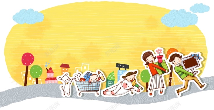 韩式清新幸福家庭一家人搬家购物海报背景矢量图背景
