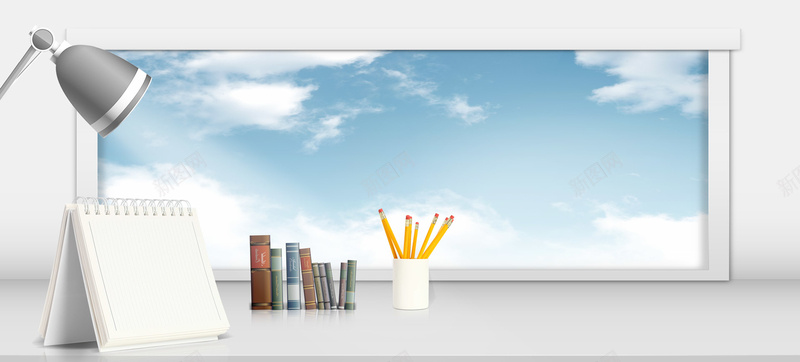 学习背景psd设计背景_新图网 https://ixintu.com 书本 书籍 卡通 学习 学习桌 手绘 日历 海报banner 窗户 童趣 笔筒 铅笔
