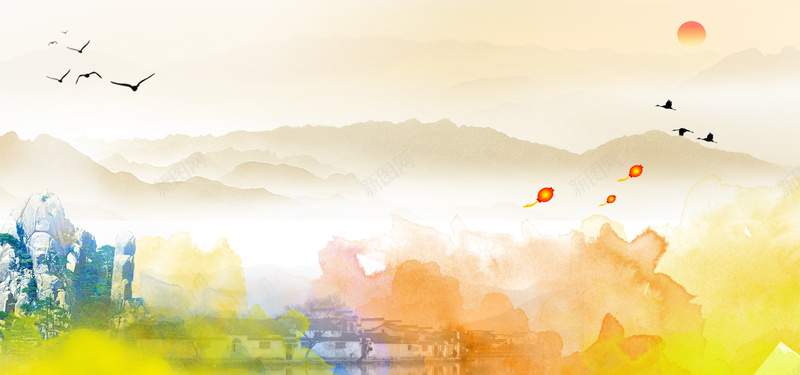 中国风企业文化彩色水墨背景psd设计背景_新图网 https://ixintu.com 中国风 企业文化 企业背景 大雁 太阳 彩色 怀旧 水墨文化 水墨背景 漂浮灯笼