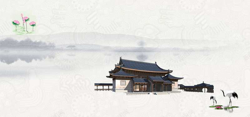 中式房产海报宣传psd设计背景_新图网 https://ixintu.com 中国风 中式建筑 中式房产广告 中式房产背景 丹顶鹤 开心 房子 水墨背景 荷花