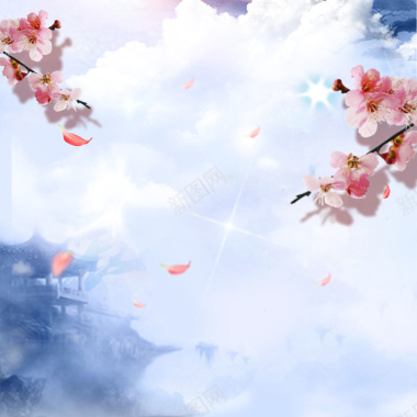 中国风水墨白云中的美丽桃花与花瓣背景背景