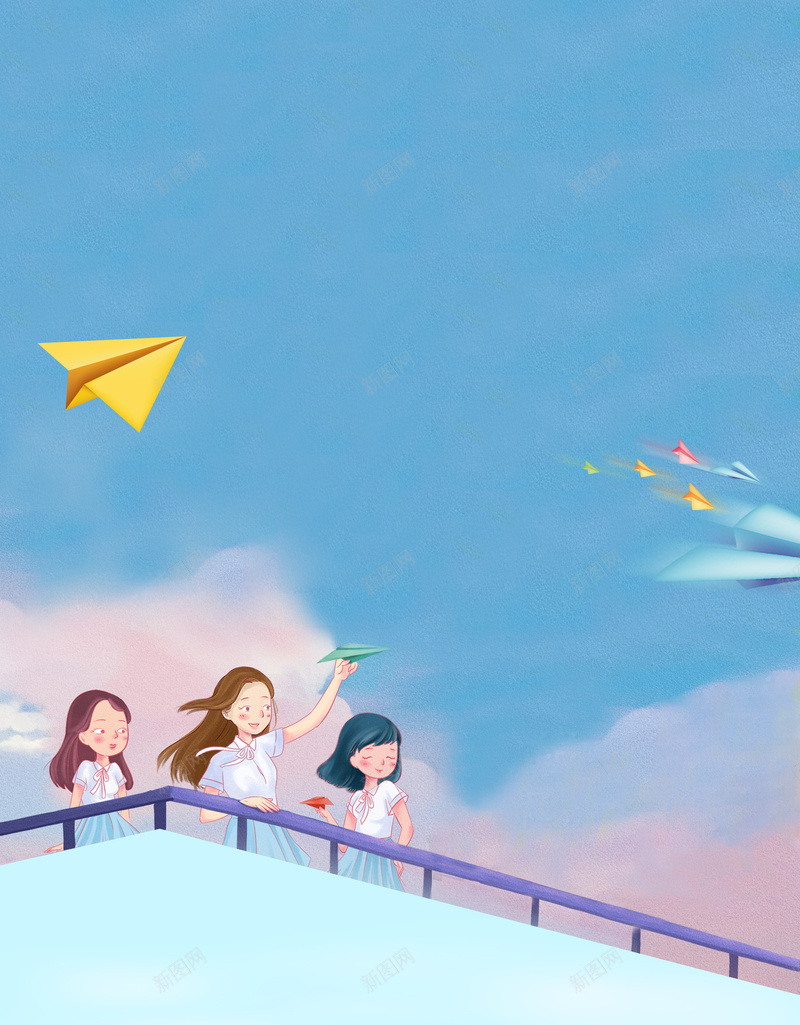 9月开学季宣传海报psd设计背景_新图网 https://ixintu.com 你好新同学 儿童 开学仪式 开学典礼 楼顶 欢迎新同学 纸飞机 蓝色