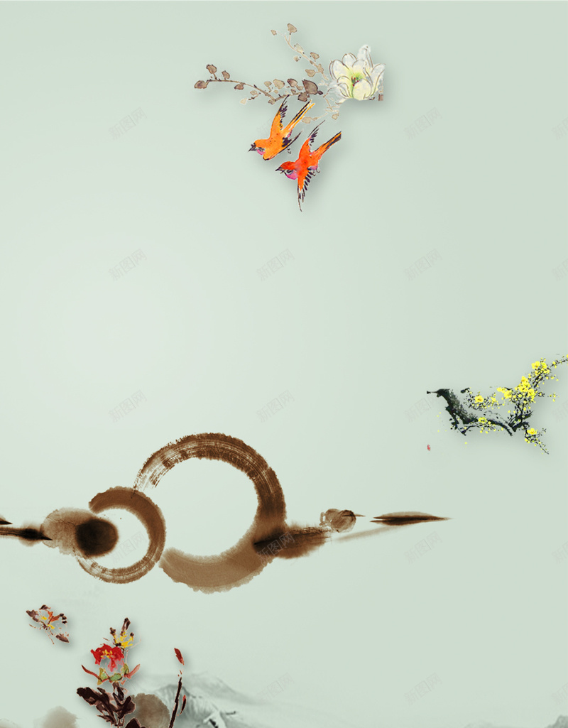 春分海报手绘水墨画psd设计背景_新图网 https://ixintu.com 中国风 手绘花 文艺 春分 春分海报 水墨山水 水墨花 渔夫