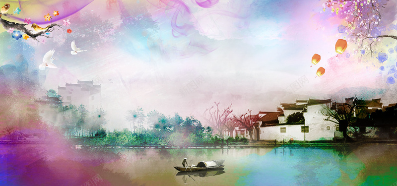 淘宝唯美浪漫烟雨江南粉色海报背景psd设计背景_新图网 https://ixintu.com 唯美 孔明灯 小船 徽派建筑 水墨风景 水彩水墨风格 江南 浪漫 淘宝 烟雨 粉色