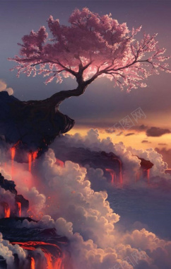 水彩绚丽晚霞下的富士山樱花树背景摄影图片