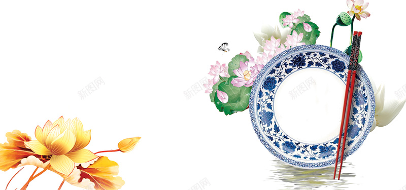 517美食节光盘行动简约荷花中国风青花瓷psd设计背景_新图网 https://ixintu.com 517 广告 淘宝 电商 素材 美食 美食广告 美食海报 美食节 背景 设计 食品 食物