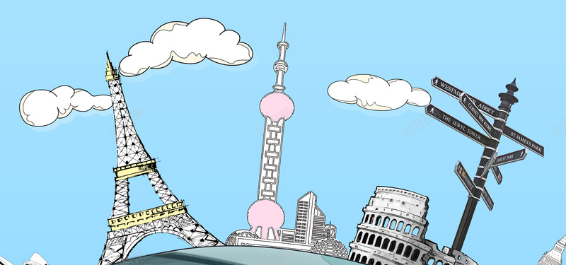 环球旅游建筑背景psd设计背景_新图网 https://ixintu.com 卡通 各国名胜 巴黎铁塔 建筑 手绘 文艺清新 旅游 海报banner 环球 童趣 背景