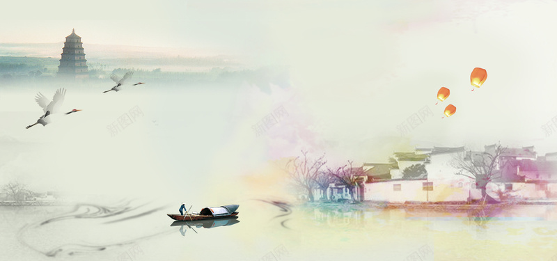 中国风水墨画船仙鹤塔灯笼江南水乡背景jpg设计背景_新图网 https://ixintu.com 中国风 仙鹤 古风船 塔 房子 水墨画 江南水乡 海报banner 灯笼 船