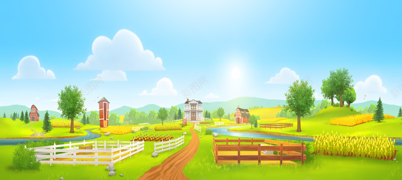 卡通田园全屏海报bannerjpg设计背景_新图网 https://ixintu.com banner 全屏海报 卡通 围栏 树木 田园 白云 蓝天 阳光