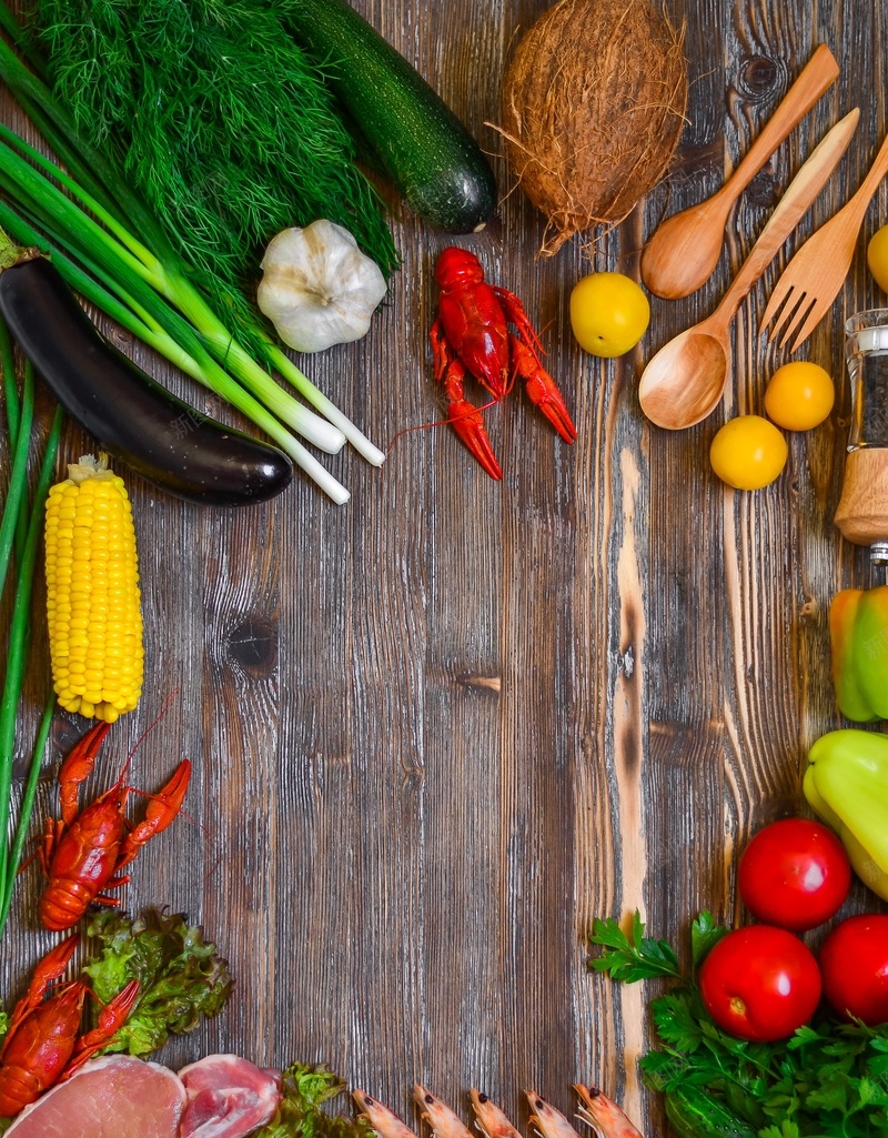 食材俯拍的背景图jpg设计背景_新图网 https://ixintu.com 勺子 木板 牛肉 玉米 瓜果 葱 蒜 蔬菜 虾 西红柿