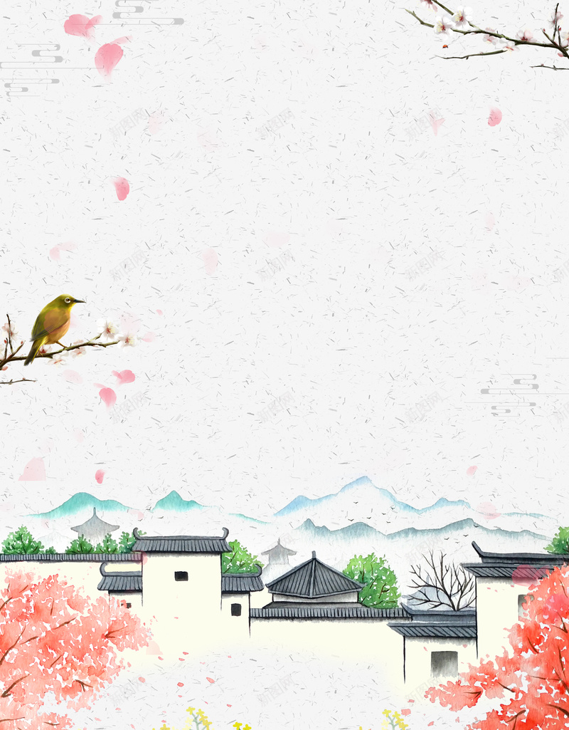 水墨花鸟元素背景图psd设计背景_新图网 https://ixintu.com 云纹 宅院 水墨 油菜花 漂浮元素 花枝 花瓣 花鸟