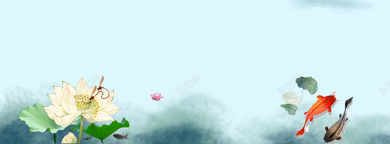 盛夏荷花文艺水墨金鱼蓝色背景psd设计背景_新图网 https://ixintu.com 处暑 夏天 夏天海报 夏季 小清新 广告 水墨 炎热夏天 盛夏 素材 背景 荷叶 荷花 设计