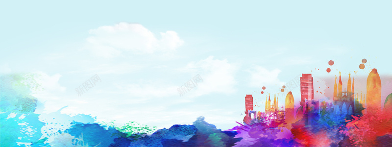 水墨中国风文艺蓝色banner背景jpg设计背景_新图网 https://ixintu.com 剪影 城市 小清新 广告 建筑 文艺 水墨 水墨画 泼墨 白云 简约 素材 背景 蓝天 设计