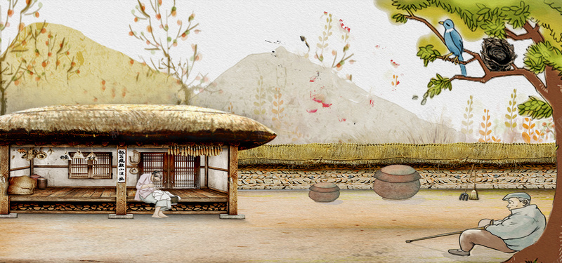 古代房子温馨海报psd设计背景_新图网 https://ixintu.com 农具 农活工具 地面 大树 山 感恩 母亲 母爱 父亲 父爱 牛 稻草 耕田工具 鸟儿