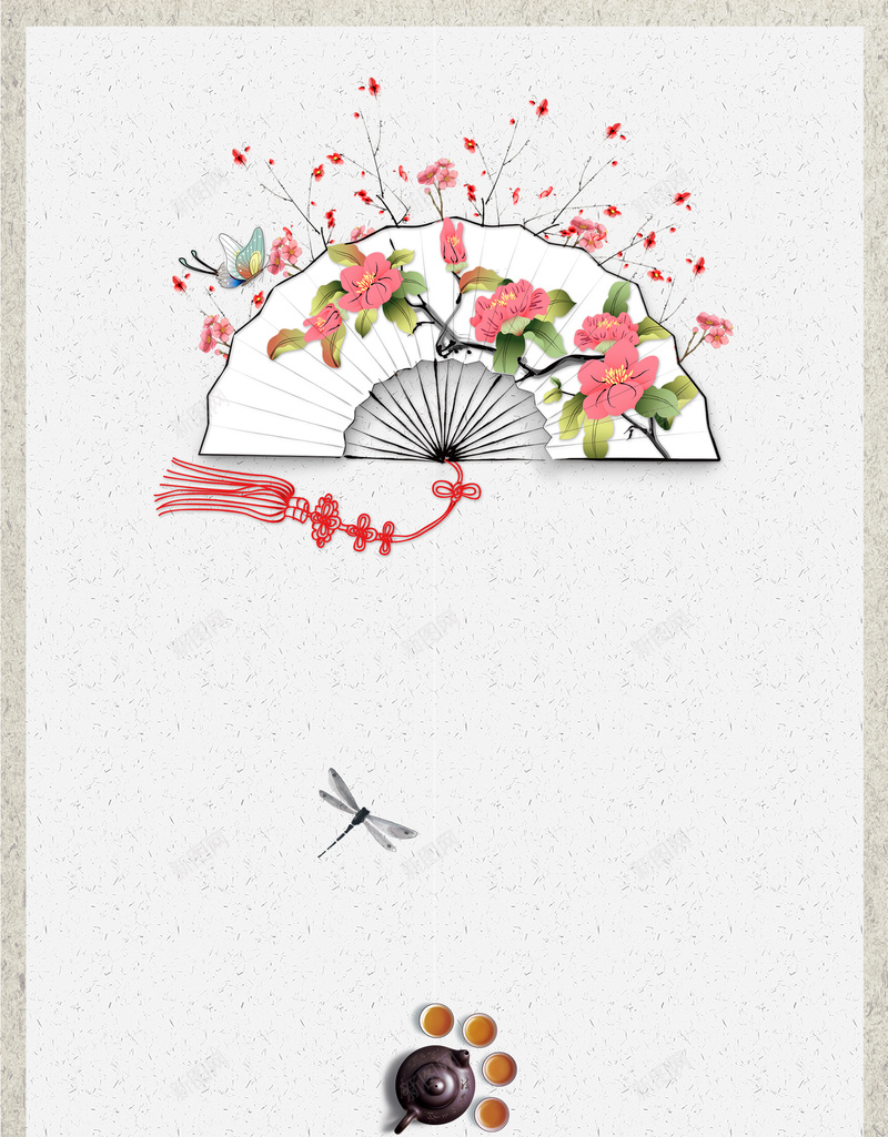 中式创意插画茶文化宣传背景psd设计背景_新图网 https://ixintu.com 中国传统文化 中国结 中国风 扇子 春天 桃花 水墨 茶叶宣传单 茶壶 茶杯 茶道 蝴蝶
