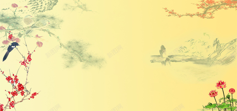 娱乐文艺简约黄色海报psd设计背景_新图网 https://ixintu.com 中国风 大气 娱乐 文艺 梅花 海报 简约 黄色