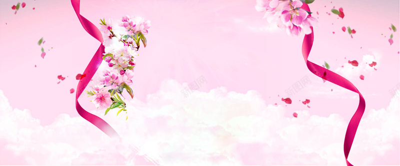 女神节促销浪漫清新粉色护肤品海报背景psd设计背景_新图网 https://ixintu.com 丝带 云彩 促销 天空 女神节 桃花 浪漫 海报背景 清新 粉色 花瓣