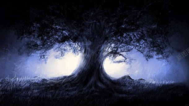 黑色里透着光的大树jpg设计背景_新图网 https://ixintu.com 大树 黑色