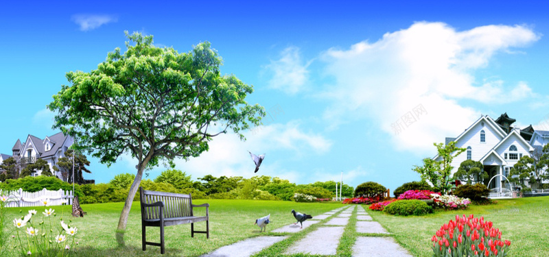 春天风景图jpg_新图网 https://ixintu.com 别墅 天空 小路 摄影 春天 树林 海报banner 白云 花草 蓝天 郁金香 长椅 风景 鸽子
