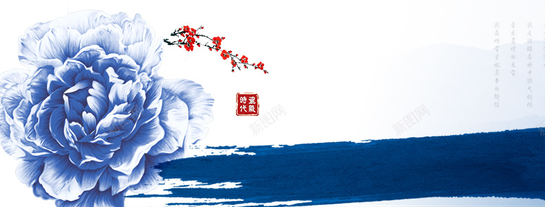 中国风青花瓷牡丹花详情页海报背景背景