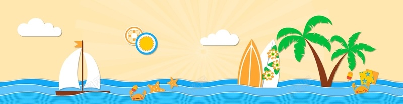 夏季剪贴簿元素矢量ai设计背景_新图网 https://ixintu.com 云朵 冲浪板 夏季 大海 太阳 帆船 度假 椰子树 沙滩 海星 花卉 螃蟹 雪糕 矢量图