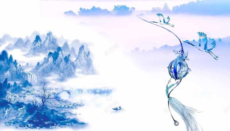 中国风青花瓷水墨墙画背景psd设计背景_新图网 https://ixintu.com 中式 仙鹤 山水 水墨 背图片下载 背景墙 青花瓷 风铃