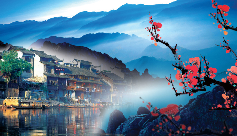 凤凰古城乡村美景psd设计背景_新图网 https://ixintu.com 乡村 乡村风景 凤凰古城 小清新 山 岩石 文艺 暮 树 梅花 河 湖南 简约