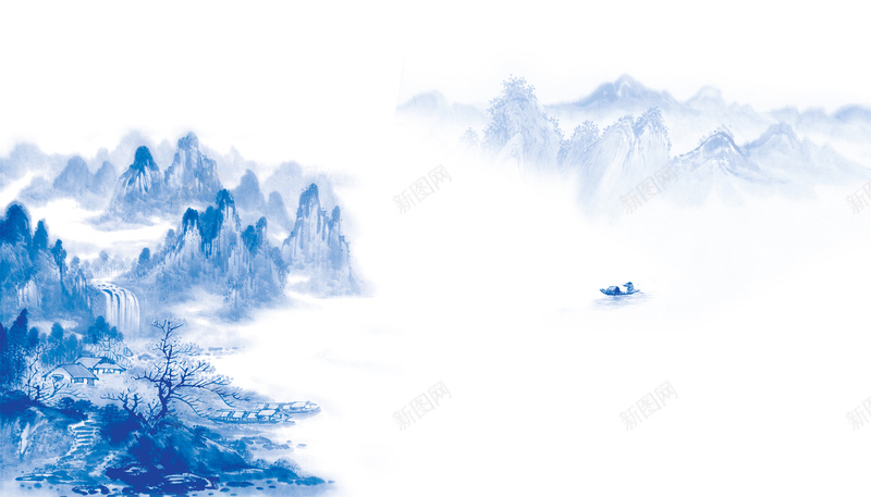 山水国画海报psd设计背景_新图网 https://ixintu.com 中国风 国画山水 小船 山水国画 青花