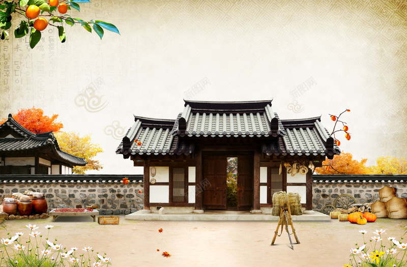 韩国古典秋天海报背景jpg设计背景_新图网 https://ixintu.com 中国风 农村 古典建筑 广告设计模板 景色 景观 海报设计 田园 韩国 风光 风景