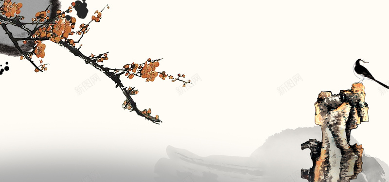 水墨画古风中国红海报背景psd设计背景_新图网 https://ixintu.com 中国红 中国风 假山 古风 工笔画 梅花 水墨画 红梅 花鸟 远山