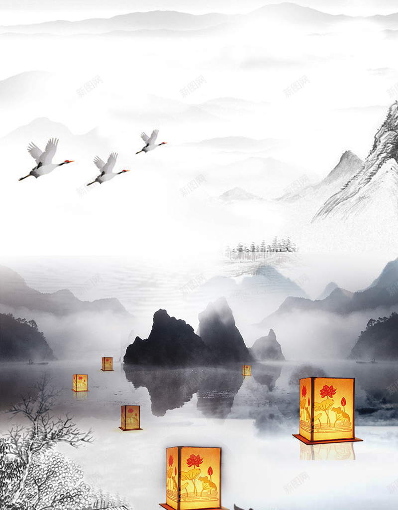 古风水墨中元节广告背景psd设计背景_新图网 https://ixintu.com 中元节 中元节广告背景 中国风 传令 古风 山水 水墨 灯街 花灯