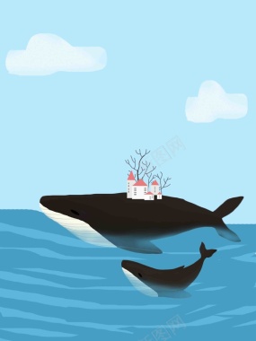 手绘插画蓝色大海鲸鱼早安清新唯美创意背景
