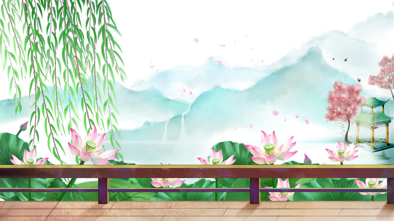 古风亭台背景图元素psd设计背景_新图网 https://ixintu.com 亭台 古风 山水 手绘 柳条 水墨 荷叶 荷花