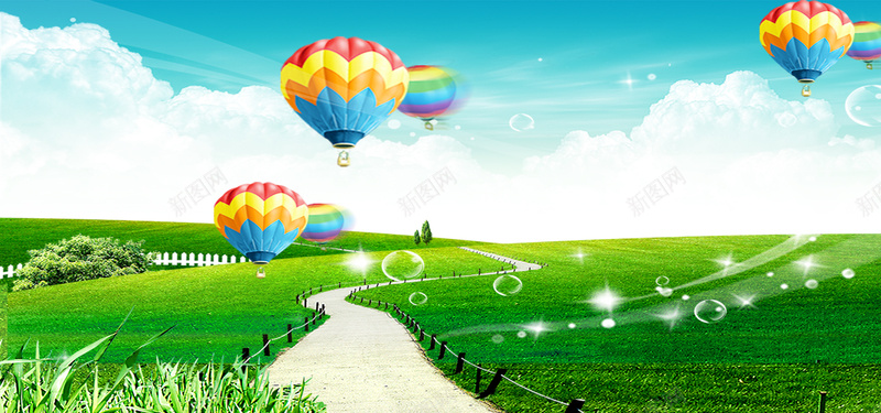梦幻的绿色环保生活背景psd_新图网 https://ixintu.com 天空 彩色气球 摄影 梦幻 海报banner 环保生活 白云 绿色背景 绿草地 草地 路两旁的风景 风景