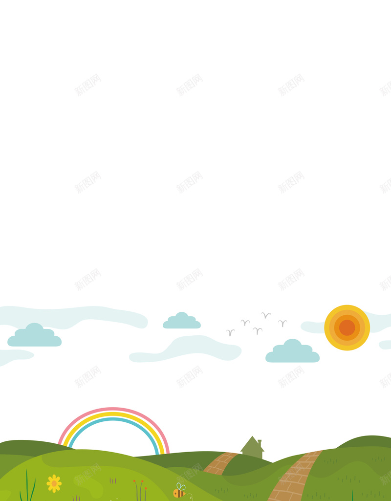 绿色卡通风景海报背景矢量图ai设计背景_新图网 https://ixintu.com 卡通 卡通景色 夏天 彩虹 海报 白云 矢量草地 草地 阳光 风景素材 矢量图