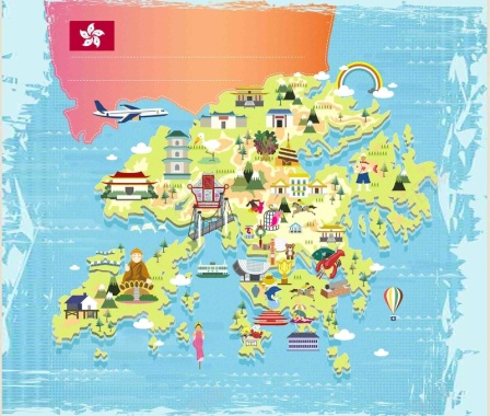 手绘矢量旅游香港紫荆花海景点地图海报背景背景
