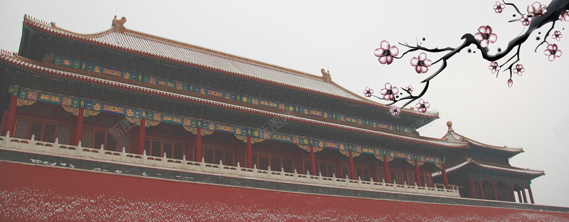 复古中国风故宫建筑角楼花枝psd设计背景_新图网 https://ixintu.com 中国风 传统 复古 建筑 故宫 海报banner 花枝 角楼
