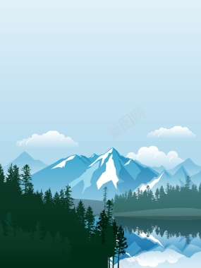矢量扁平化雪山湖泊树林背景背景