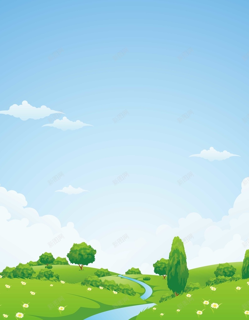 绿色户外小清新背景模版矢量图ai设计背景_新图网 https://ixintu.com 卡通 小清新 户外 河流 矢量模版 矢量素材 童趣 绿色 背景模版 草地 蓝天 矢量图