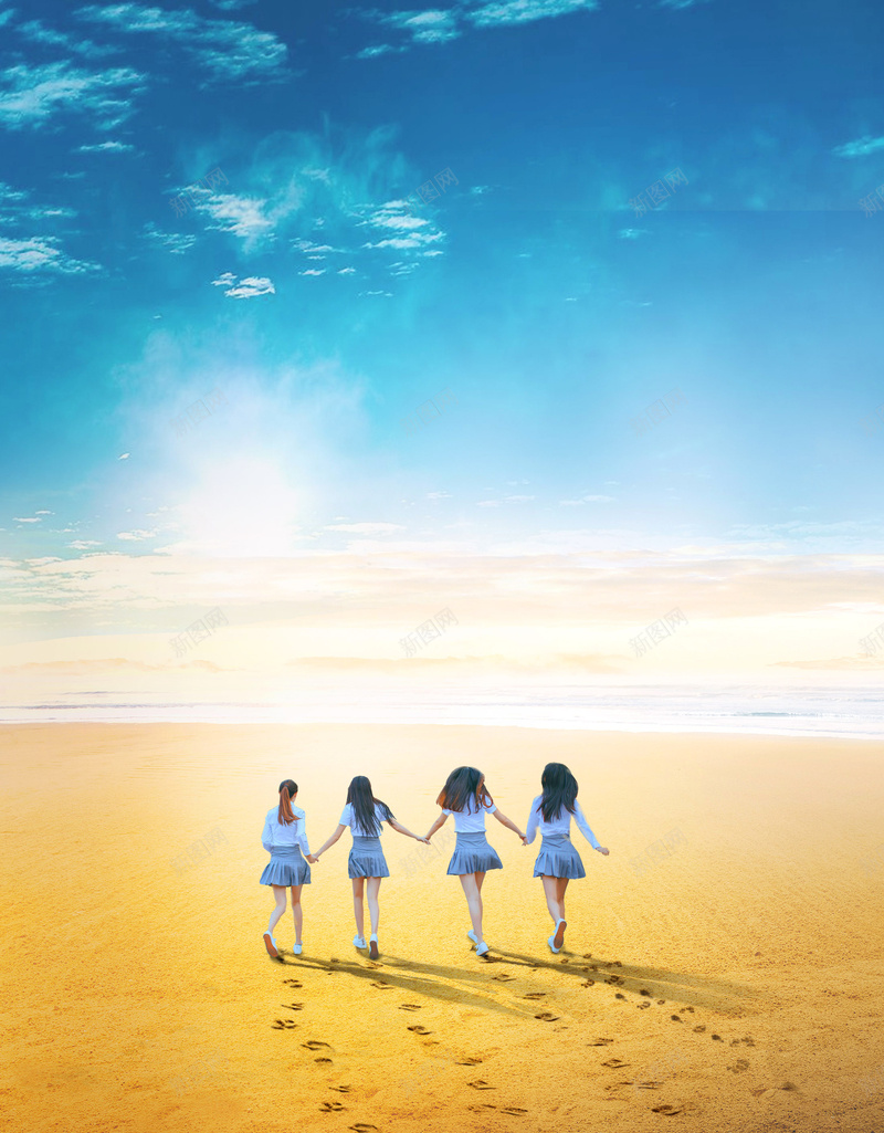 蓝天白云沙滩海滩风景少女背影牵手背景psd设计背景_新图网 https://ixintu.com 少女 沙滩 海滩 牵手 牵手人影 白云 素材 背影 背景 蓝天 风景