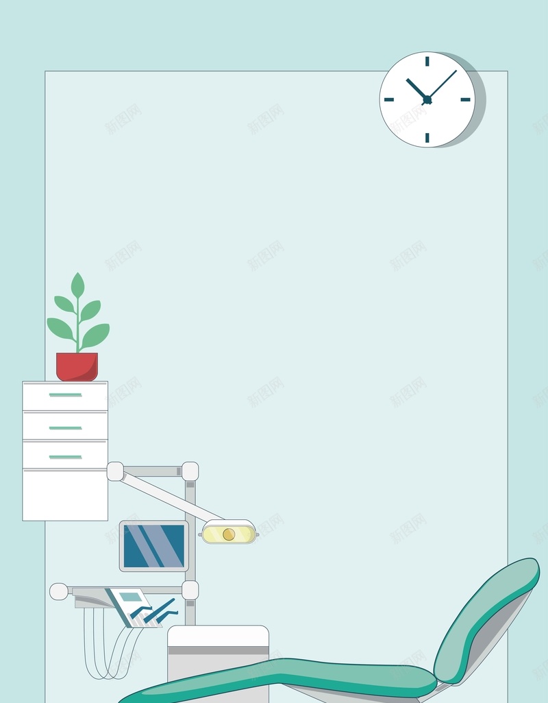 扁平化医疗办公绿色简约背景矢量图ai设计背景_新图网 https://ixintu.com 办公 医疗 扁平化 挂钟 检查 牙科 简约背景 绿植 绿色背景 矢量图