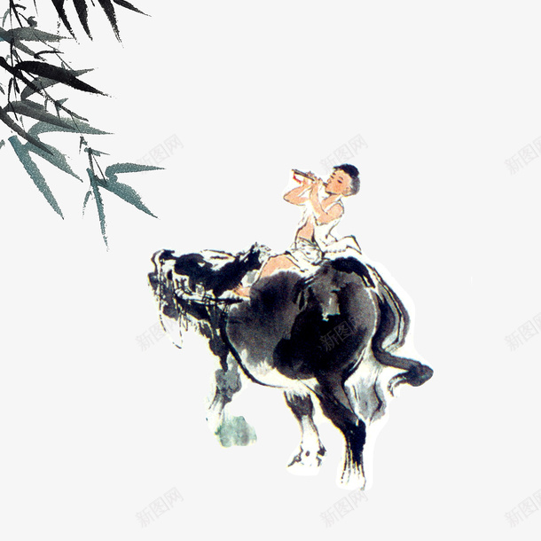 清明节吹笛子的放牛娃png免抠素材_新图网 https://ixintu.com 吹笛子 放牛娃 树叶 水墨画 清明节 牦牛
