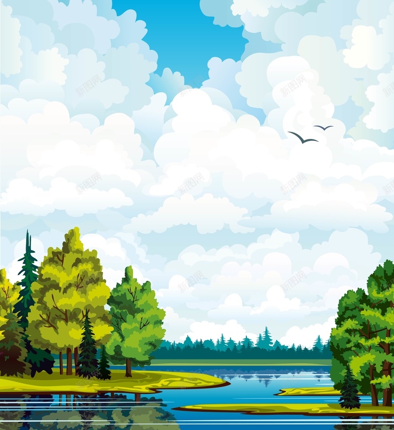 矢量手绘湖泊森林蓝天背景ai设计背景_新图网 https://ixintu.com 手绘 森林 海报 清新 湖泊 白云 矢量 背景 蓝天 风景 矢量图