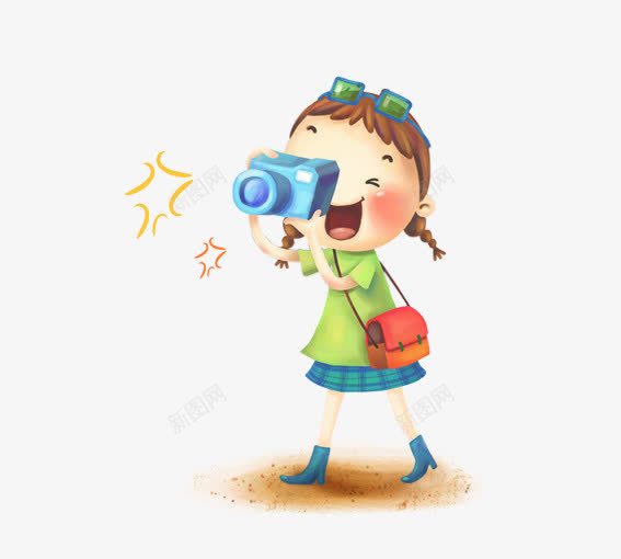 照相的小女孩psd免抠素材_新图网 https://ixintu.com 卡通小女孩 卡通星星 卡通照相机 卡通背包 红色 绿色 蓝色 黄色