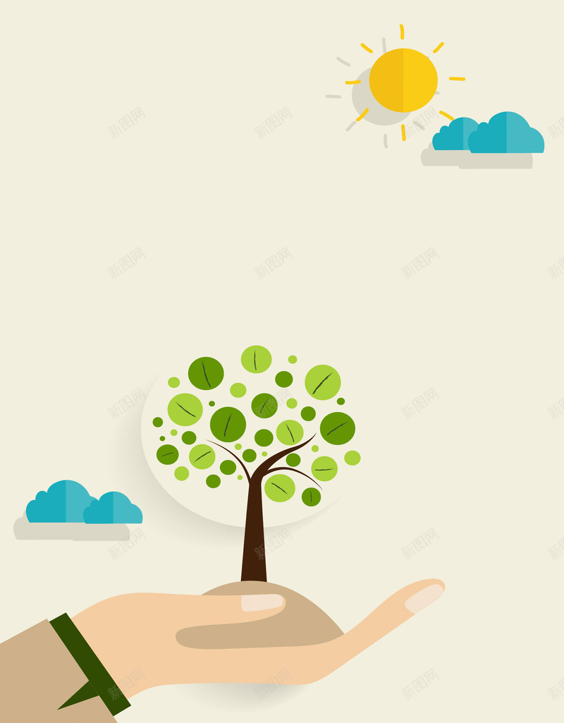 手绘彩色环保公益宣传平面广告矢量图ai设计背景_新图网 https://ixintu.com 公益宣传 卡通 太阳 平面广告 彩色 手托树 手绘 插画 清新 环保 矢量图